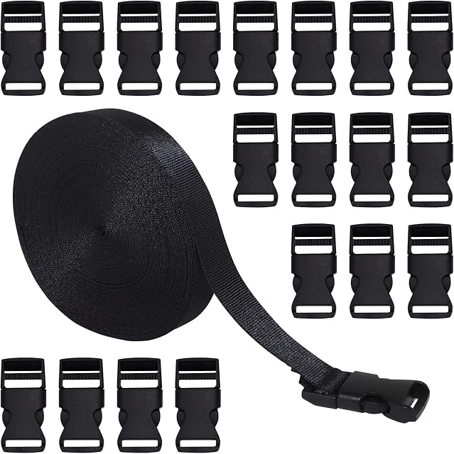RETON 15mm Wide 10 Yards Black Nylon Webbing Strap + 20 PCS Adjustable Buckles Plastic Side Release Buckles