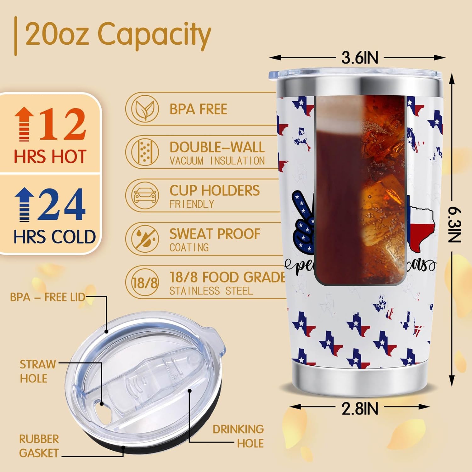Peace Love Texas 20oz Stainless Steel Insulated Tumbler with Lid and Straw Long Distance Relationships Gift Teaxas Double Wall Vacuum Insulated Tumbler (Peace Love Texas) - Image 2