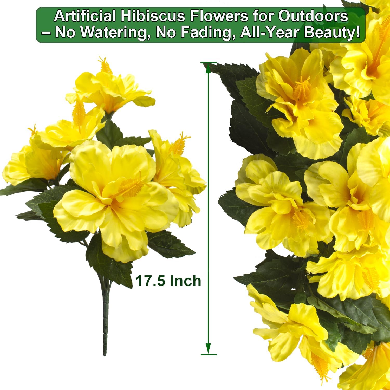 Grunyia Artificial Hibiscus Flowers 5 Bundles, UV Resistant Fake Tropical Flowers Realistic Silk Blooms for Outdoor Planter Garden Patio Porch Window Box Home Decor (Yellow)