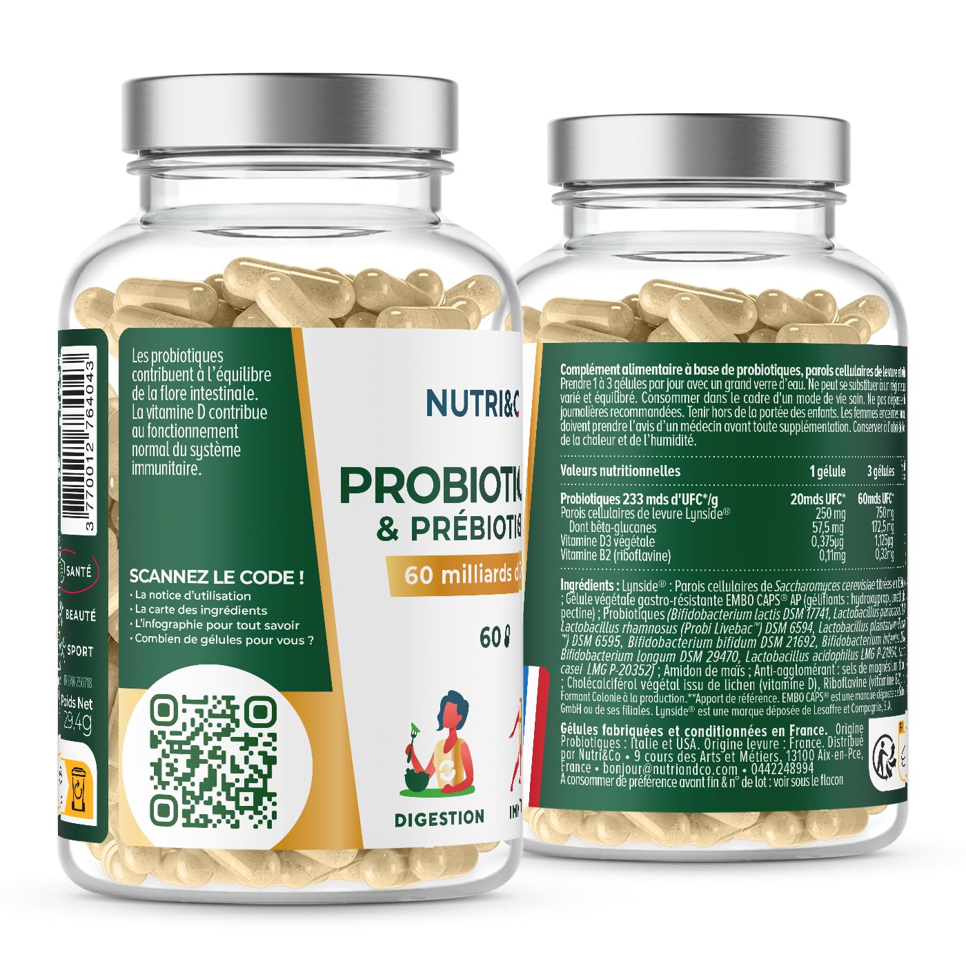 NUTRI & CO Probiotique Flore Intestinale - 60 Milliards UFC/jour - 9 Souches dont 2 Lactobacillus Brevetées - 60 Gélules Gastro-Résistantes aux Enzymes Digestives - Conditionné en France