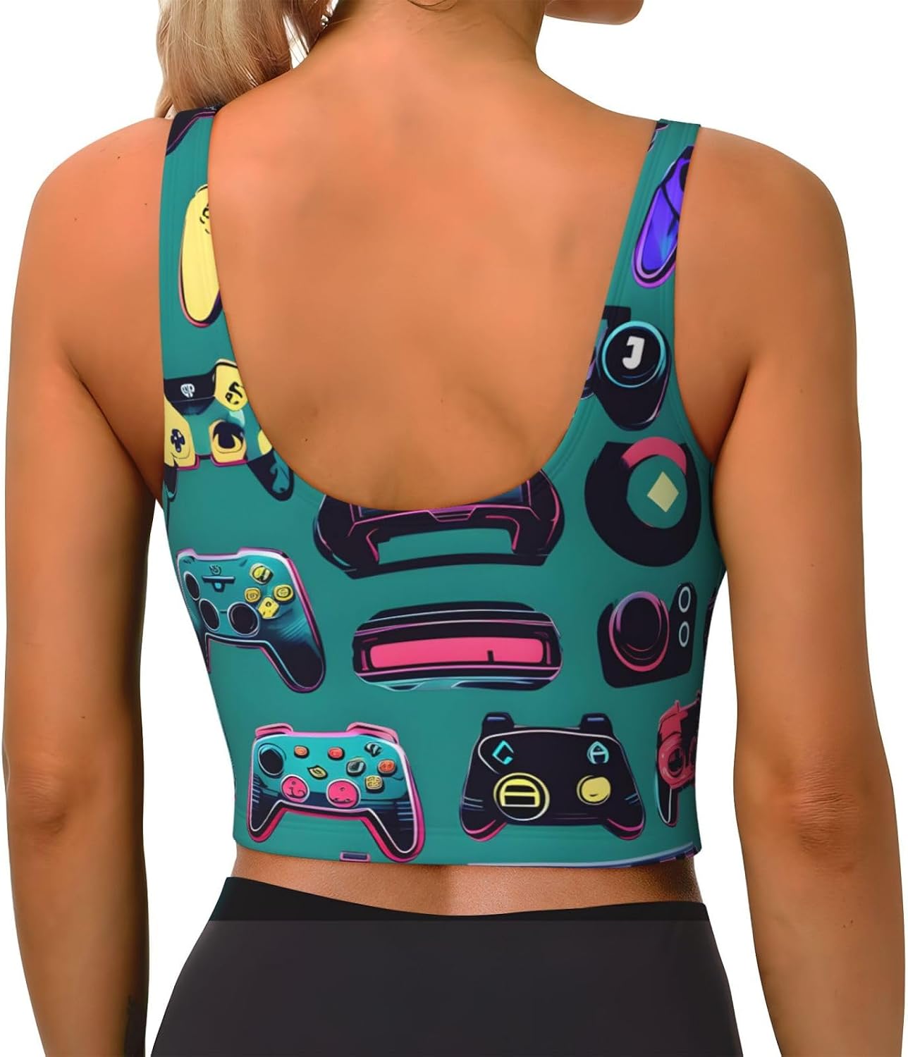 Gaming Controller Patterns Print Women's Strappy Sports Bra, Stretch Gym Bras U Neck Yoga Tops, Comfort Seamless Bra