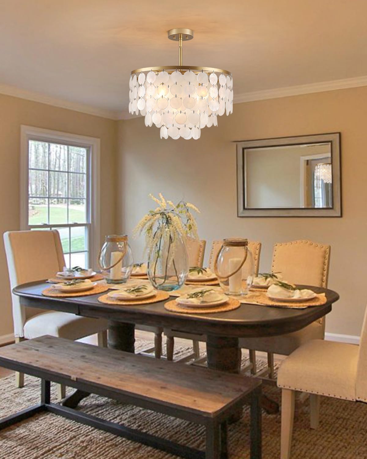 JHLBYL Capiz Shell Ceiling Light, 5-Light Semi Flush Mount Light Fixtures, Coastal White Shell Chandeliers for Bedroom Hallway Dining Room Kitchen Island