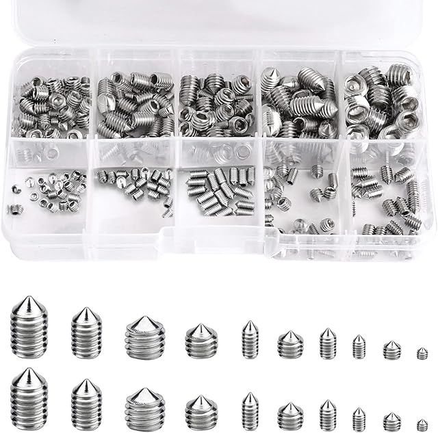 200 Pcs Grub Screws Set, Mixed A2 304 Stainless Steel Allen Key Grub Screw Set M3 M4 M5 M6 M8 Hex Socket Cone Point Screws Metric Thread Assortment Fasteners Kits