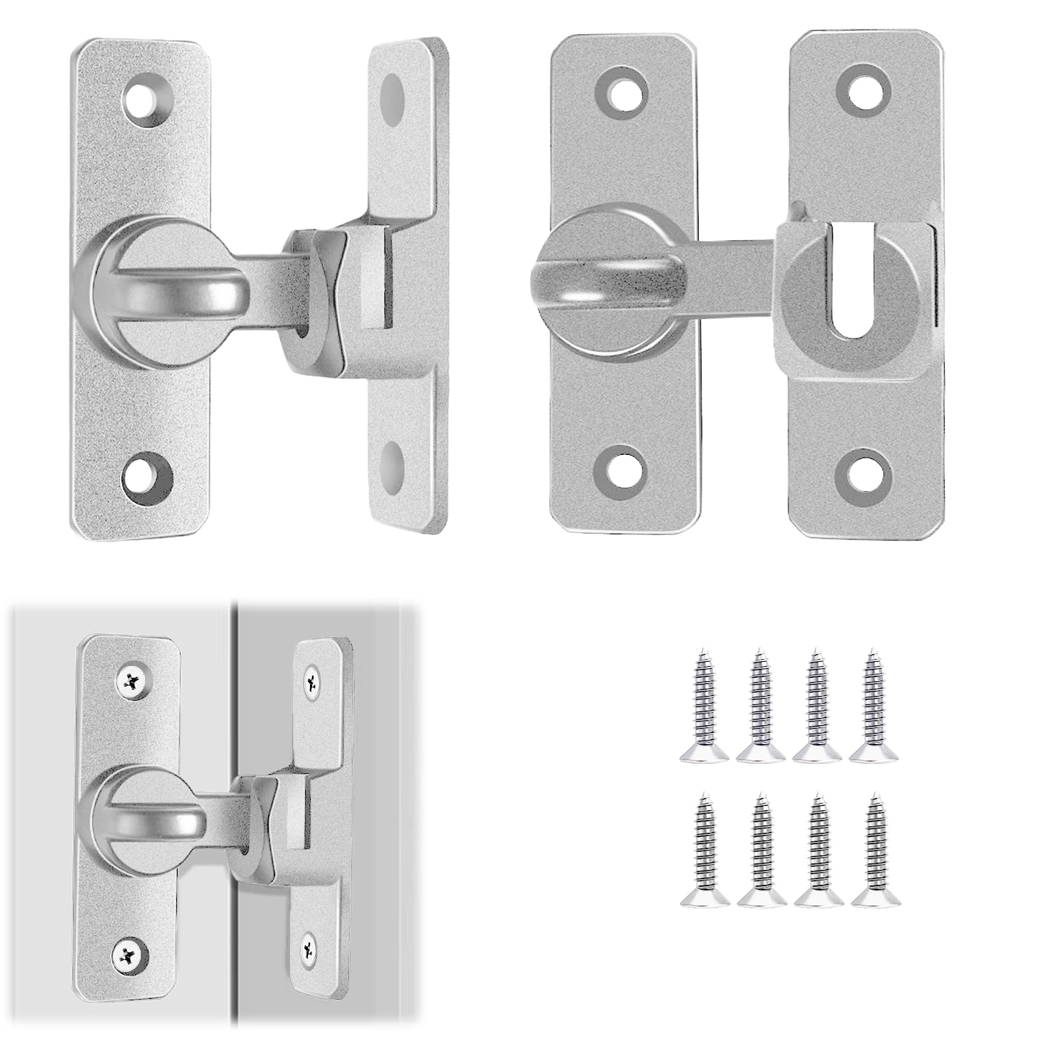 2Pack Aluminum Alloy Door Lock, 90/180 Degree Universal Door Latch Silver Flip Lock with Screws for Bathroom, Bedroom, Cabinet, Shed, Patio Doors Locks and Gate Security