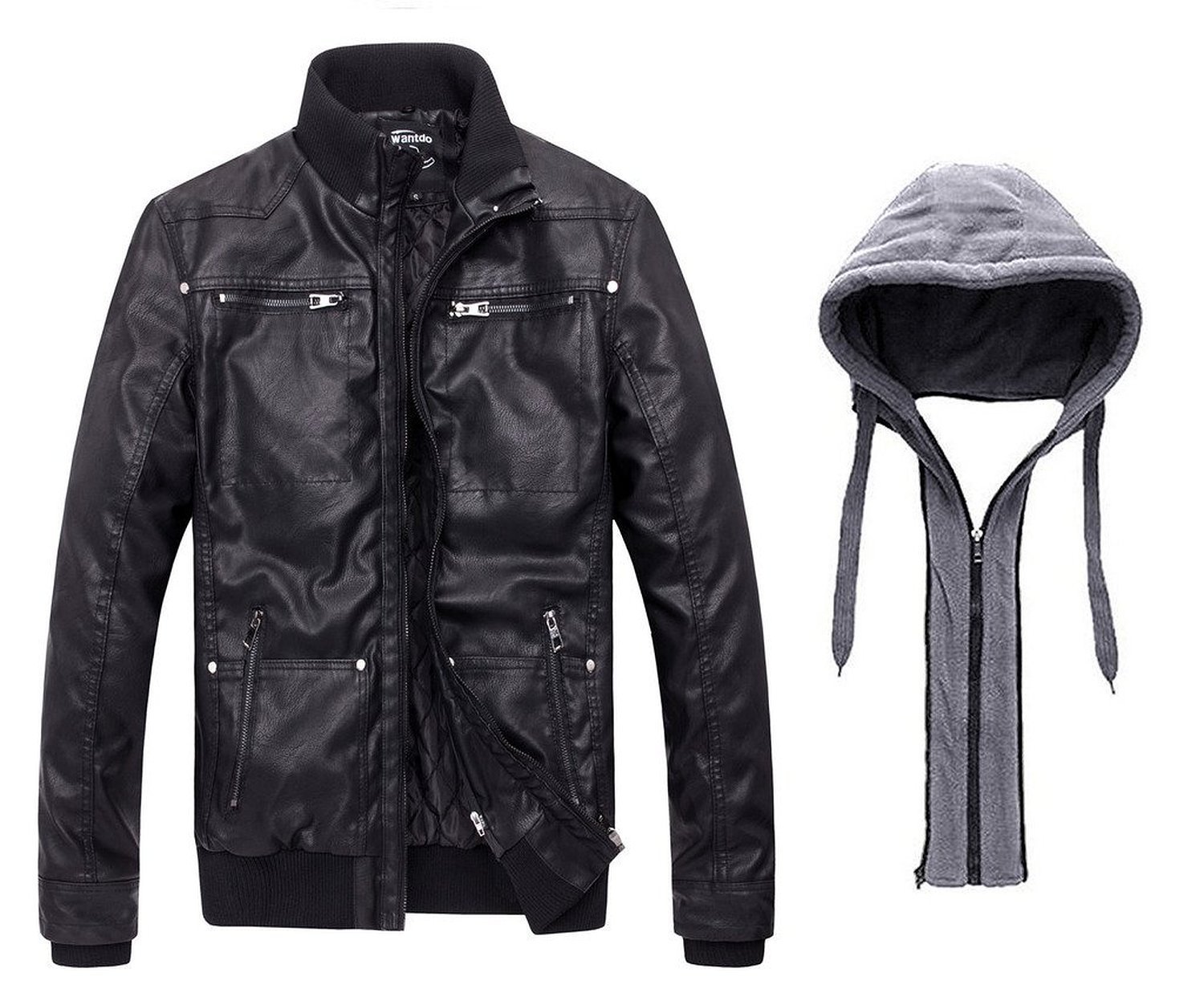Wantdo Giacca in Pelle da Uomo Giubbotto con Cappuccio Rimovibile da Lavoro Mezza Stagione Primavera Antivento Antipioggia Giacca da Moto Casual