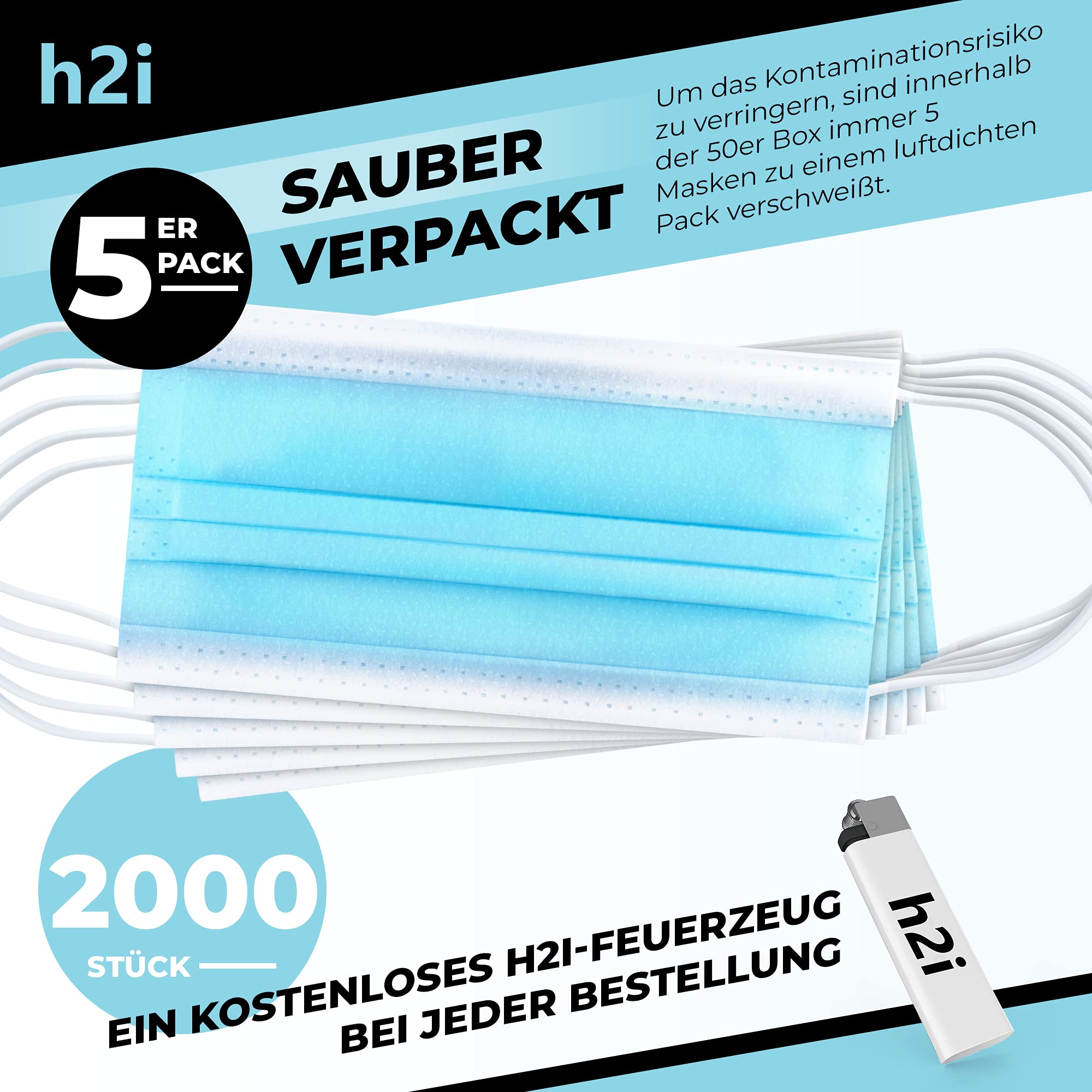 50 x 100 x 250 x 500 x 1000 x 2000 x 5000 x 10 000 pièces - 3 couches - H2i - Masque de protection pour le nez.