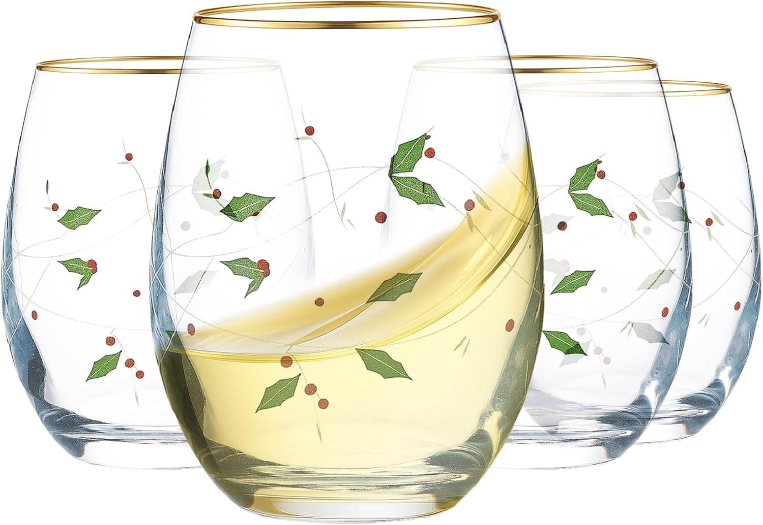 Gusto Buono Holiday Stemless Wine Glasses Set of 4, 23 oz Borosilicate Stemless Tumblers with Red and Green Holly Leaf Design and Gold Rim, Italian Handmade Festive Artistry