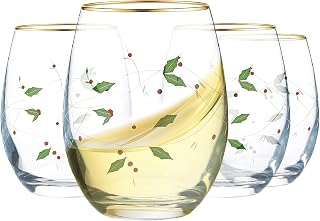 Gusto Buono 23 oz Holiday Stemless Wine Glasses Set of 4 – Dishwasher Safe, Italian Handmade Borosilicate with Red & Green Holly Leaf Design Christmas Dinnerware