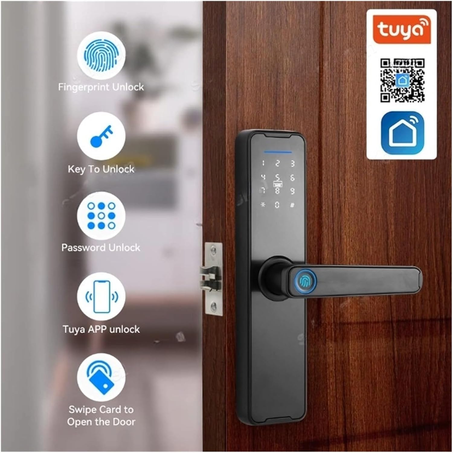 Tuya Electronic Smart Door Lock Biometric Fingerprint Lock Password IC Card Smart Life Key Unlock House Security Protection (Color : Tuya Version 2)