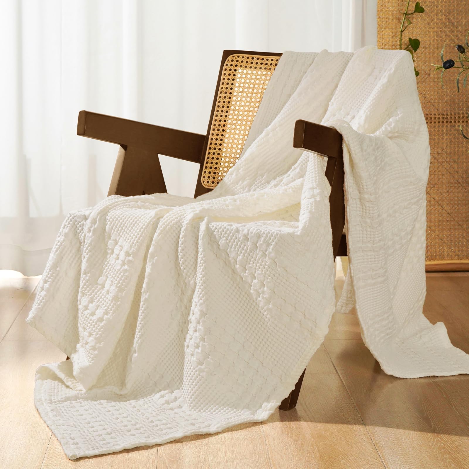 phf 100% cotton waffle weave throw blanket, soft lightweight breathable cozy throws for couch bed sofa, luxury aesthetic blanket gift for home decor & office, 50"x60", ivory