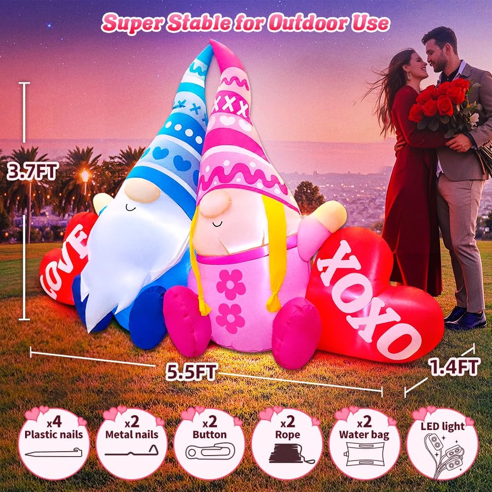 KOOY 5.5FT Mothers Day Inflatables Outdoor Decorations Valentine Day Blow up Yard Decoration Outdoor Inflatable Gnomes Love Heart with Light for Anniversary Valentine's Day Party Yard Décor