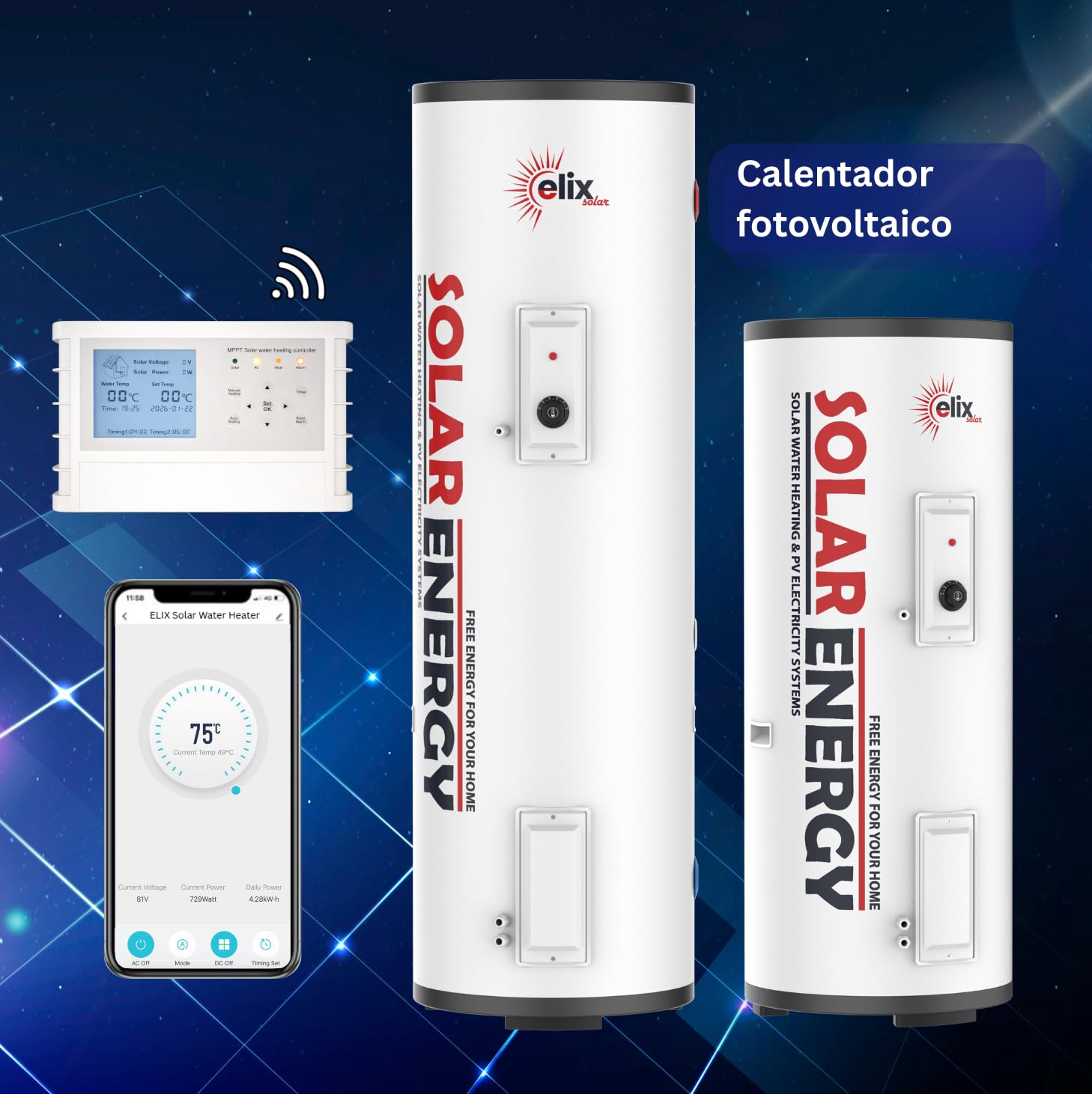 Calentador de Agua Solar Elix PV Termo Eléctrico con MPPT, 200L, DC1500W