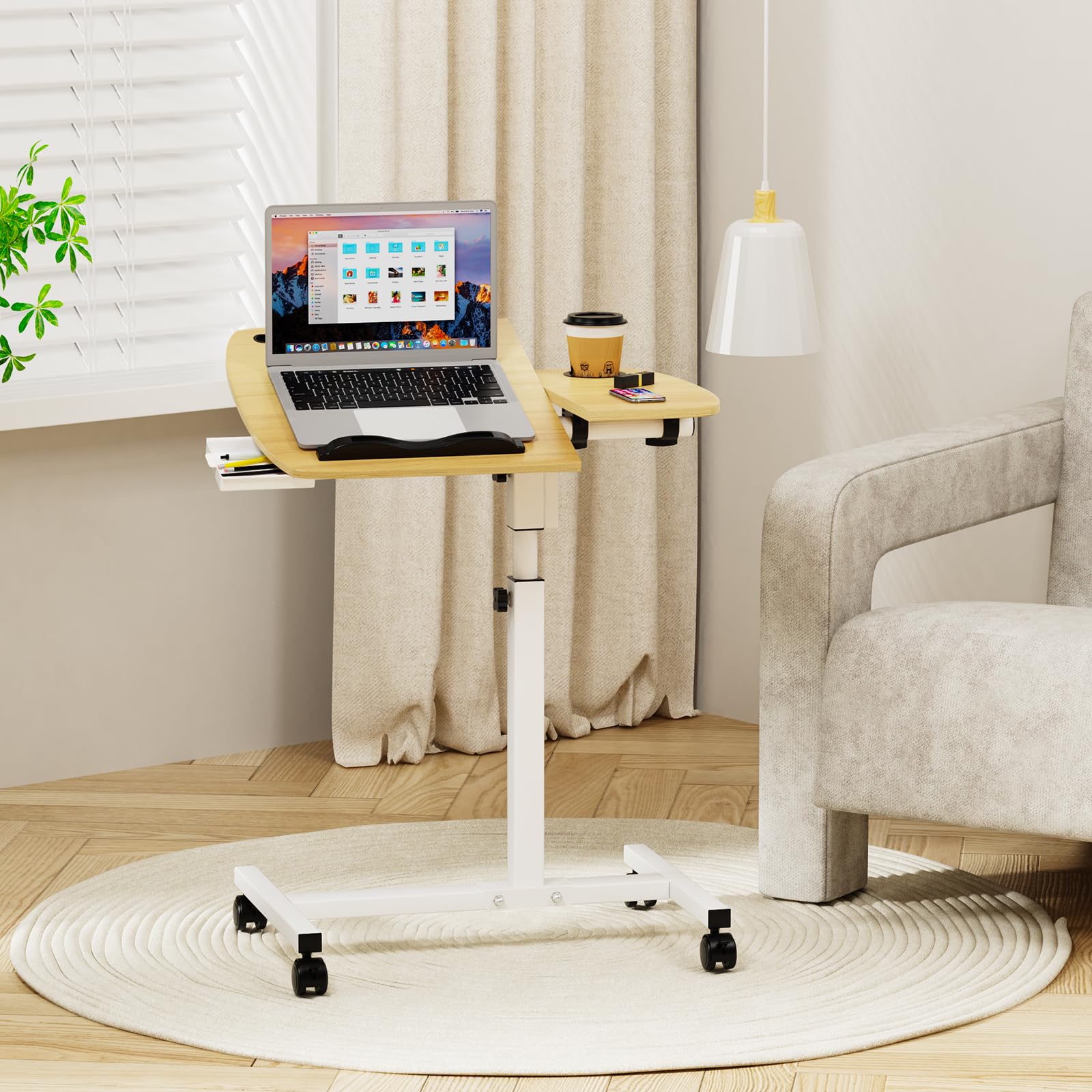 Table de Lit Roulette, 60 x 40 cm, Tablette Médicale Réglable, Table d'Appoint de Lit à Tiroir, Support Souris Séparé, 360° Bureau D'ordinateur Levage Rotatif 60x40x59-89cm