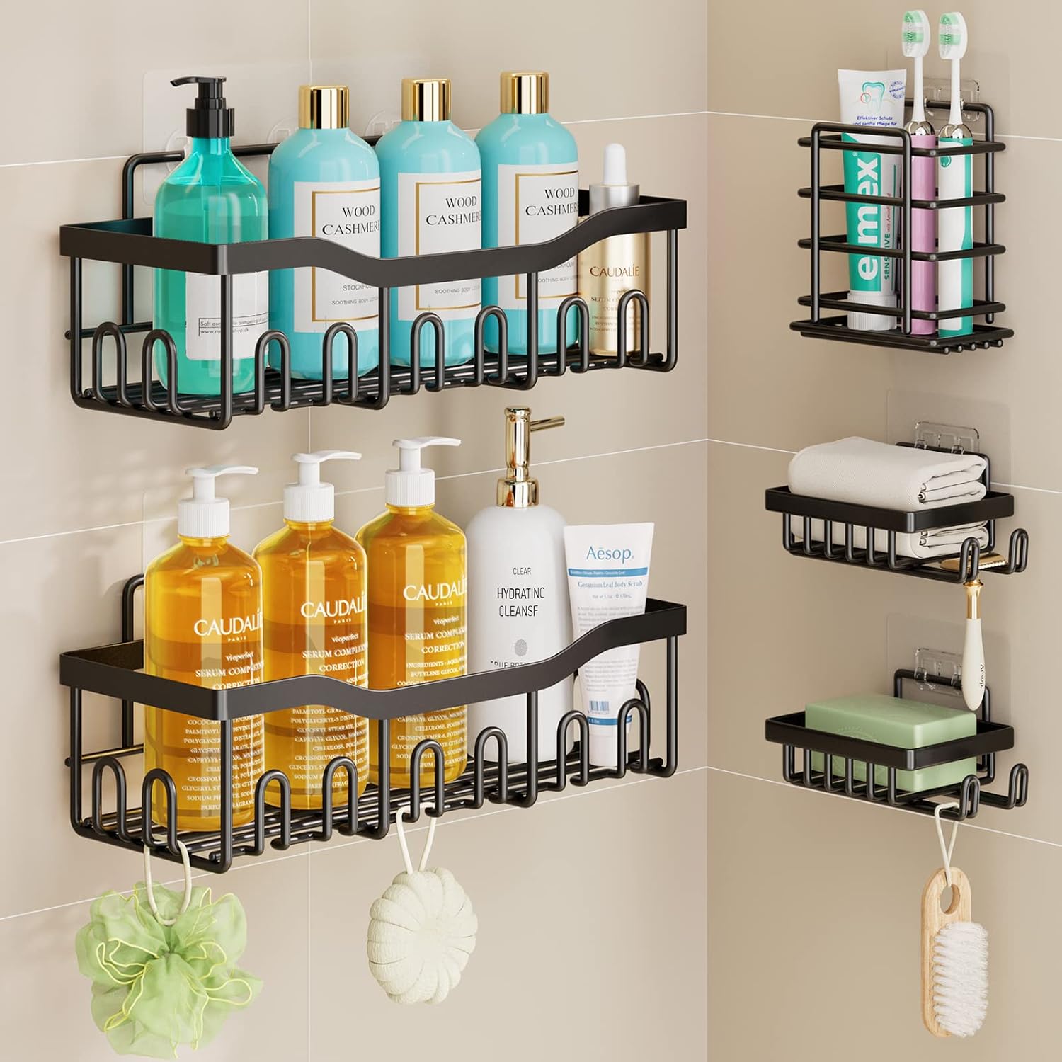 FAFOOU Shower Caddy, Bathroom Shower Organizer [5-Pack], Self Adhesive Shower Shelves, Shower Shelf for Inside Shower Rack, Stainless Steel Bathroom Storage, Wall Mounted Shower Accessories Black