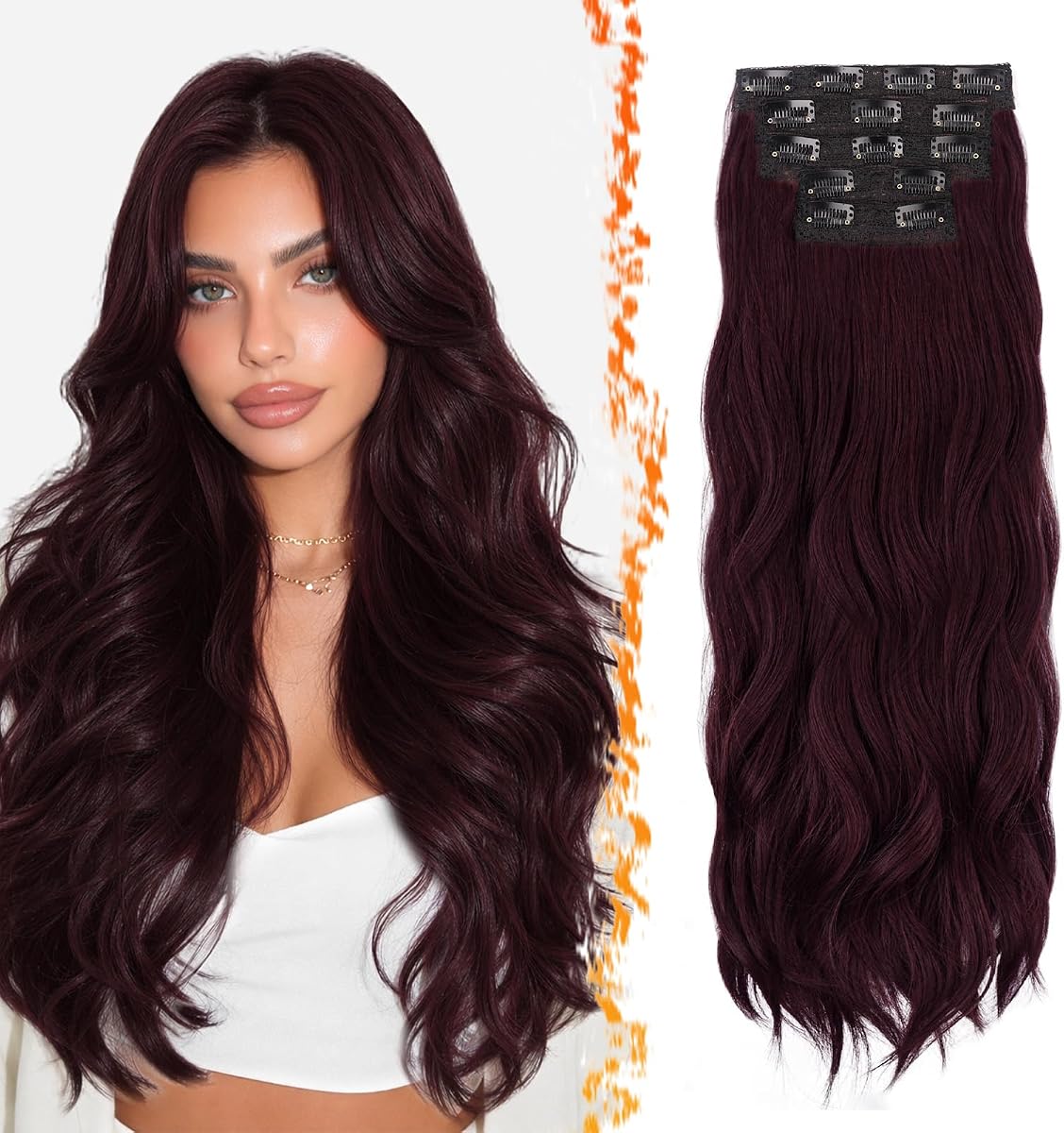 BARSDAR Extensiones de cabello sintético largo ondulado color burdeos oscuro de 24 pulgadas | Onda suave en capas de 5 piezas, trama de encaje, suave y sedoso, voluminoso, ligero, fácil de usar, ajuste cómodo, aspecto natural sin enredos