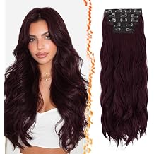 BARSDAR 24 Inch Synthetic Long Wavy Dark Burgundy Clip in Hair Extensions