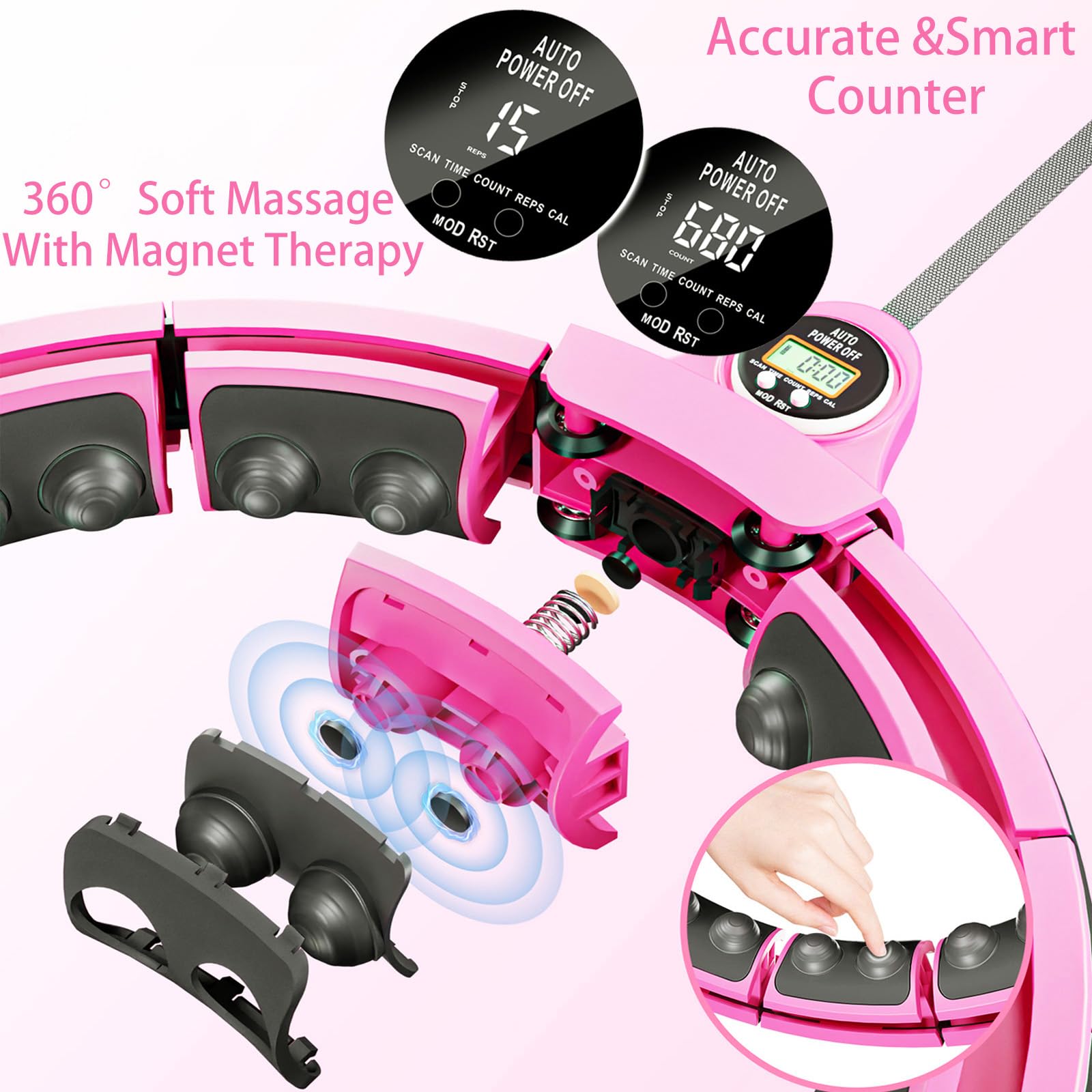 Hula Hoop intelligente con palla di peso, hula hoop per adulti con magneti per massaggi, contatore LED intelligente, ruote silenziose, cerchi Hoola rimovibili a casa, allenamento addominale