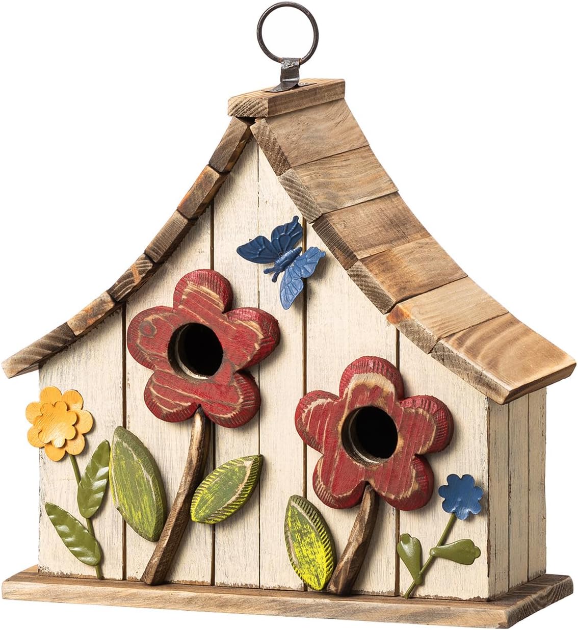 Glitzhome Hanging Birdhouses for Outside,10.75" L Distressed Solid Wood Birdhouse with 3D Flowers Rustic Two-Story Townhouse Hand-Painted Bird Houses for Outdoors,Washed White