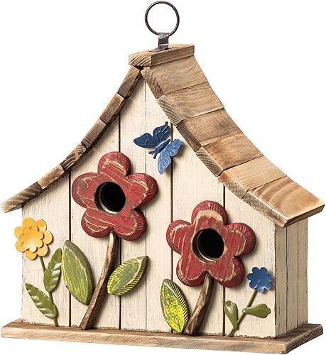 Miniatura 113 de Glitzhome Casas para pájaros para exteriores, casa de pájaros de madera maciza envejecida de gran tamaño de 15 pulgadas de largo con flores 3D