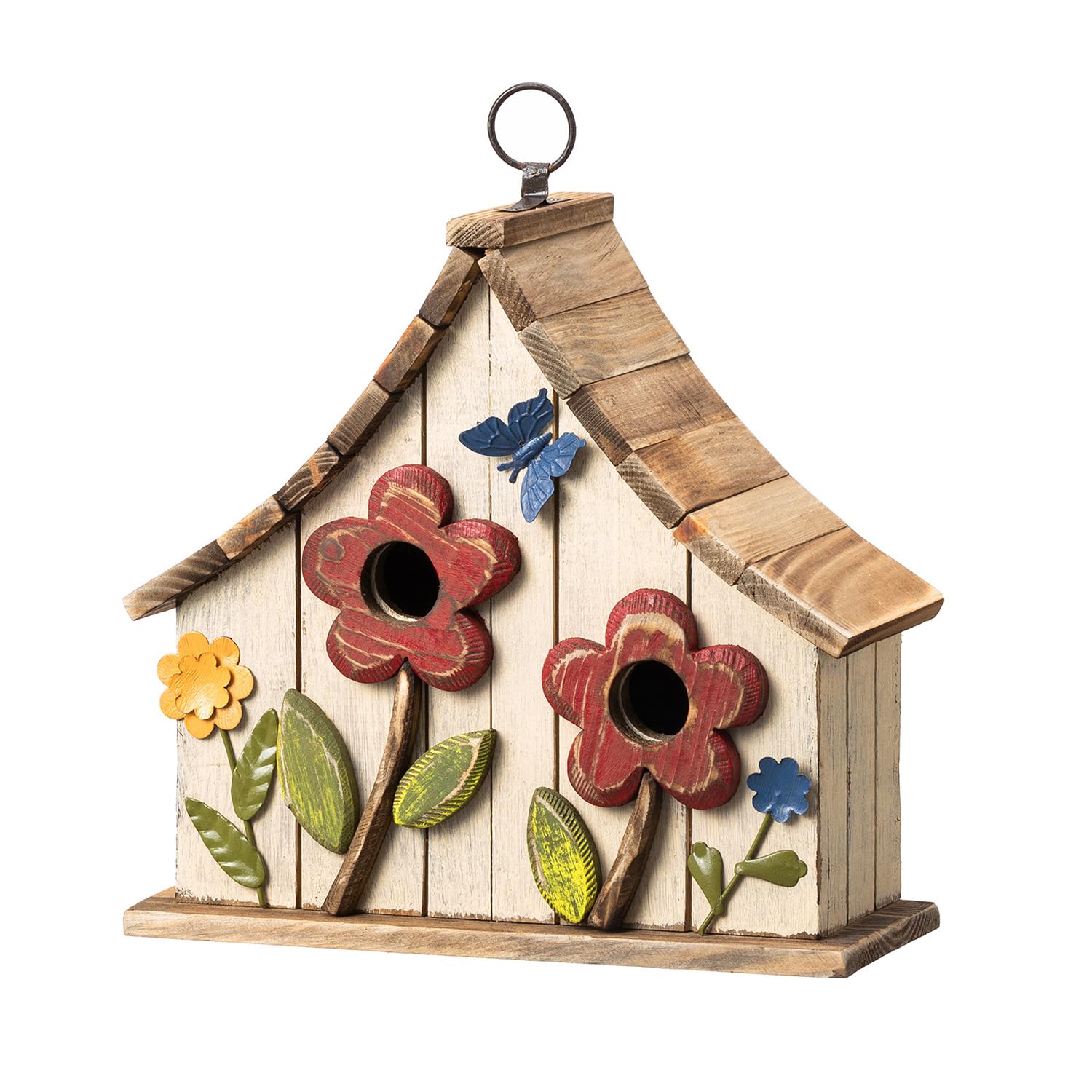 GlitzhomeHanging Birdhouses for Outside,10.75" L Distressed Solid Wood Birdhouse with 3D Flowers Rustic Two-Story Townhouse Hand-Painted Bird Houses for Outdoors,Washed White