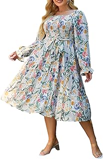Women's Boho Flowy Long Sleeve Square Neck Floral Midi Dress Smocked Spring Fall Wedding Guest Dresses - Buy now