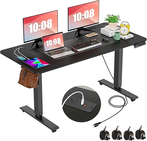 farexon Escritorio eléctrico de pie de altura ajustable de 55 x 24 pulgadas con estación de carga, escritorio de pie con alfombrilla de mouse de