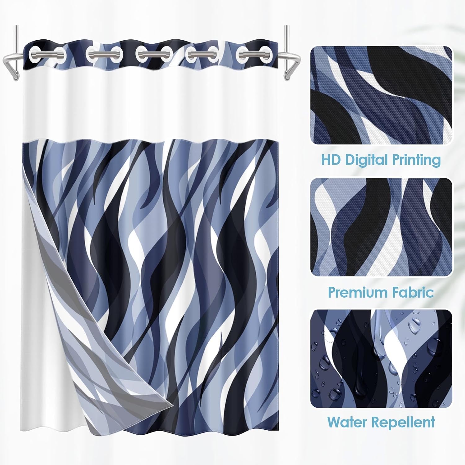 No Hook Blue Shower Curtain with Snap in Fabric Liner Set, Modern Abstract Striped Double Layers Waterproof Fabric with See Through Top Window Open Grommet Bath Curtain 71x74 Inch