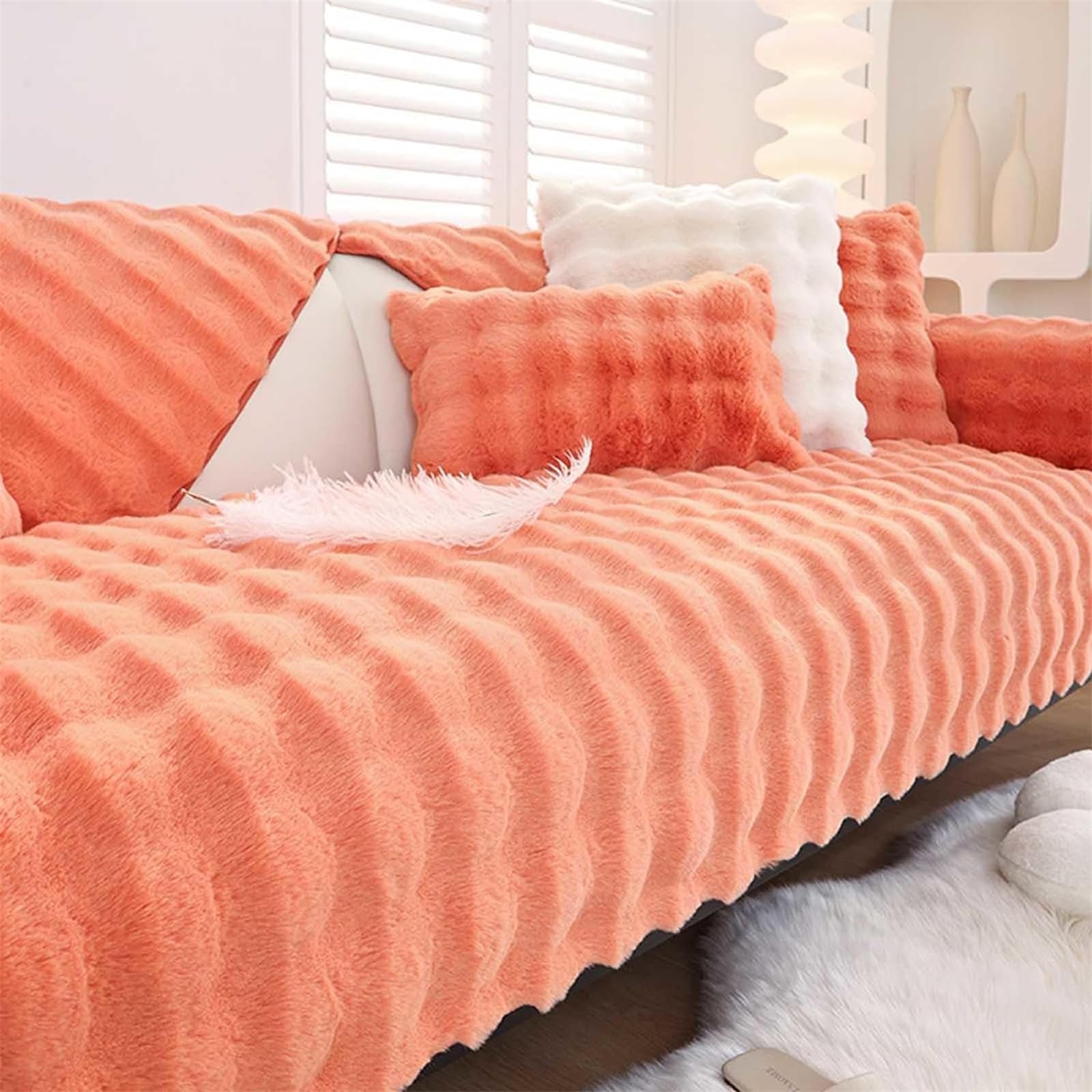 Rabbit Plush Sofa Cover 1 2 3 Seater, Sofa Slipcover Corner L Shape Thick Warm Couch Protector Anti-slip Caravan Seat Cushion Covers for Kids, Pets (Orange,W 90cm×L 120cm)
