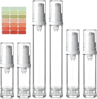 6 Pack Travel Cosmetic Pump Containers, Airless Pump Bottles with White Pump Head, 5ml 10ml 15ml Refillable Vacuum Lotion Bottles with Label Stickers for Face Cream Lotion Toner Daily Use