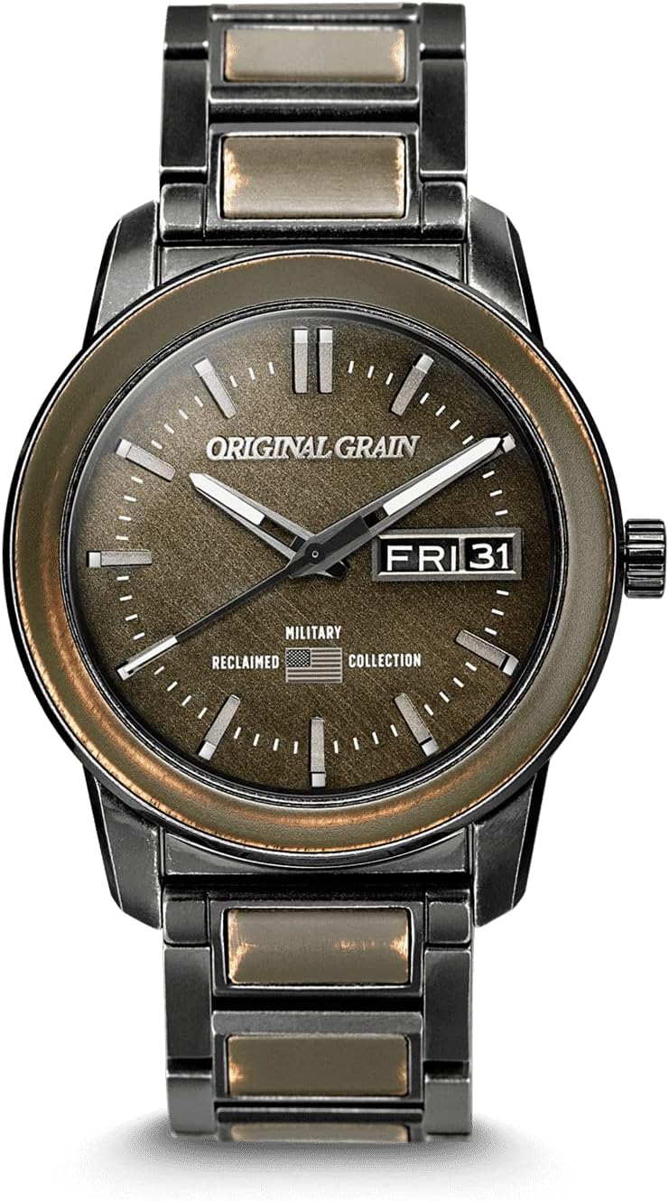 Original Grain Men's Military Ammo 42mm Analog Watch | Alterra Chrono Collection, Stonewashed Steel, Adjustable Watch Band | 10ATM Water-Resistant & Scratch-Resistant | Bracelet Wrist Watch for Men