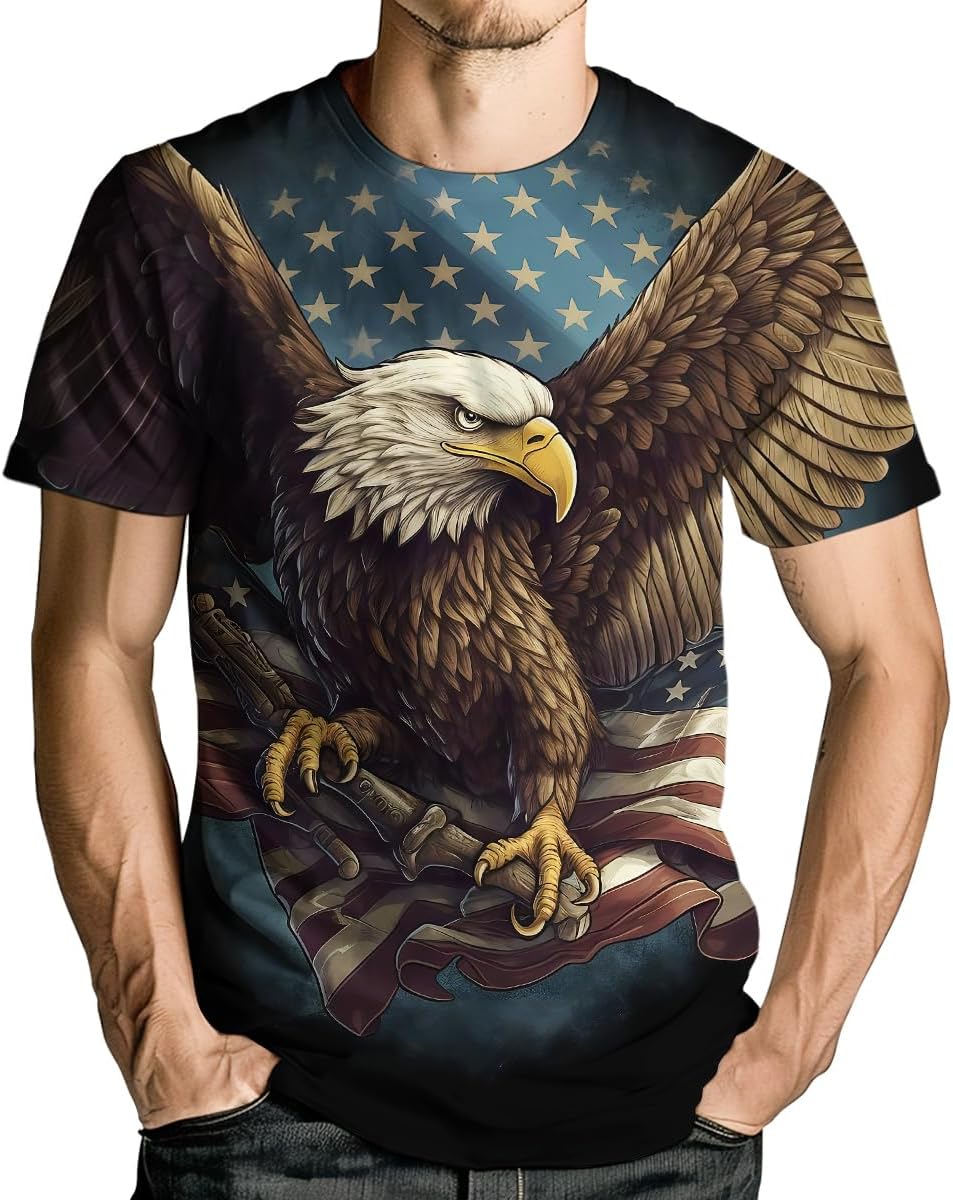 TiwBski Novelty Eagle T-Shirts for Men American Flag Print Shirt with Short Sleeves - Image 2