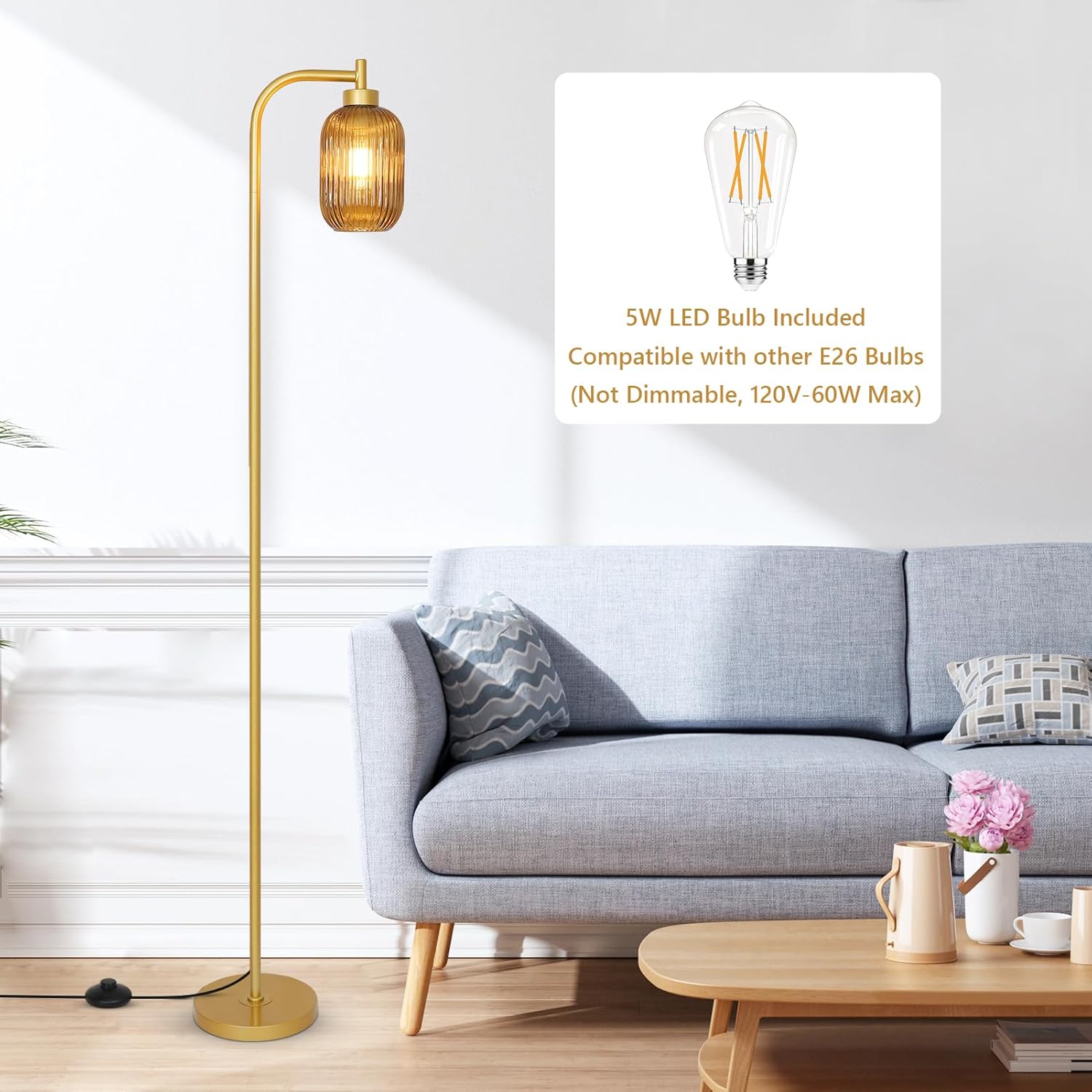 Glass Floor Lamps for Living Room, Vintage Gold Standing Lamp with LED Bulb, Amber Stripe Glass Shade, Foot Switch, Mid Century Modern Brass Tall Corner Lamp for Bedroom Office Reading Room