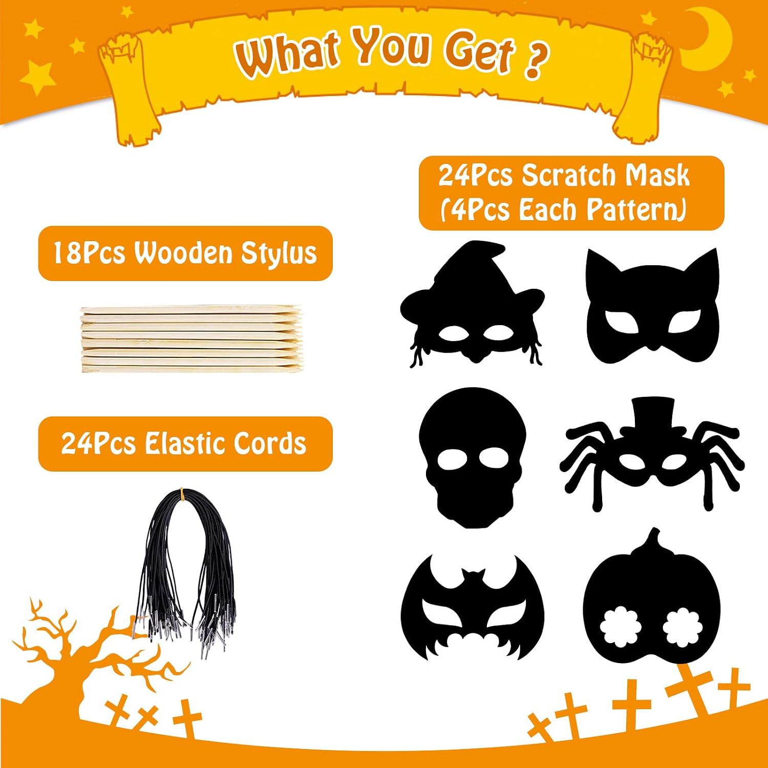 MGparty 24PCS Halloween Scratch Masks Craft Kit Rainbow Magic Scratch Paper Art for Kids Classroom Activities Birthday Party Favors School Art DIY Projects Halloween Games Decorations image 2