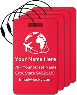 Personalized Engraved Metal Luggage Tags (Pack of 4)|Custom Name Tags for Suitcases & Travel Bags|Horizontal & Vertical|Heavy Duty & Durable (Red, Large)