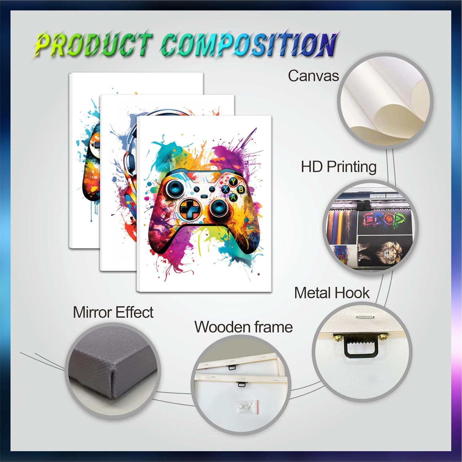 Gaming Room Decor Wall Art Set of 3, Video Gaming Gamepad Graffiti Canvas Posters Wall Decor, Games Gamer Painting Prints for Teen Boys Room Decor - Framed 12x16in