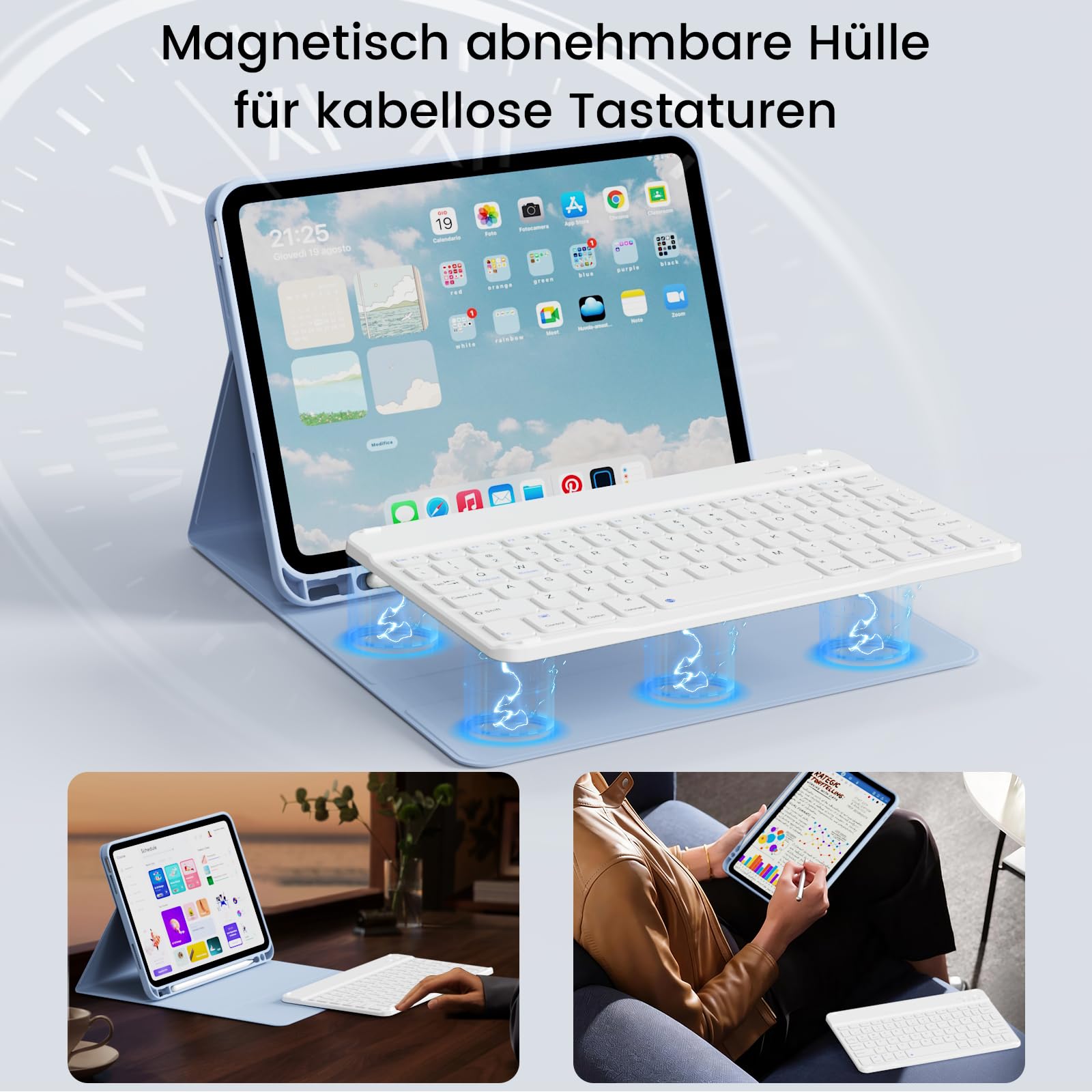 Custodia con Tastiera per iPad Air 11 Pollici 2025 2024 (M3/M2), iPad Air 5 4 2022/2020 10,9 Pollici, Cover Morbida TPU con Supporto per Penna, Tastiera Folio Magnetica Rimovibile, Blu Chiaro