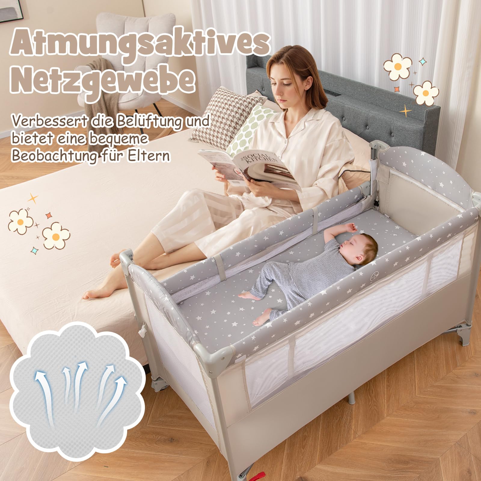 COSTWAY 5 in 1 Beistellbett klappbar, Reisebett mit Matratze, 2 Ebene Babybett mit Rollen, Spielbogen & Wickelauflage, Stubenwagen mit Tragetasche für Baby bis 3 Jahren (Beige)