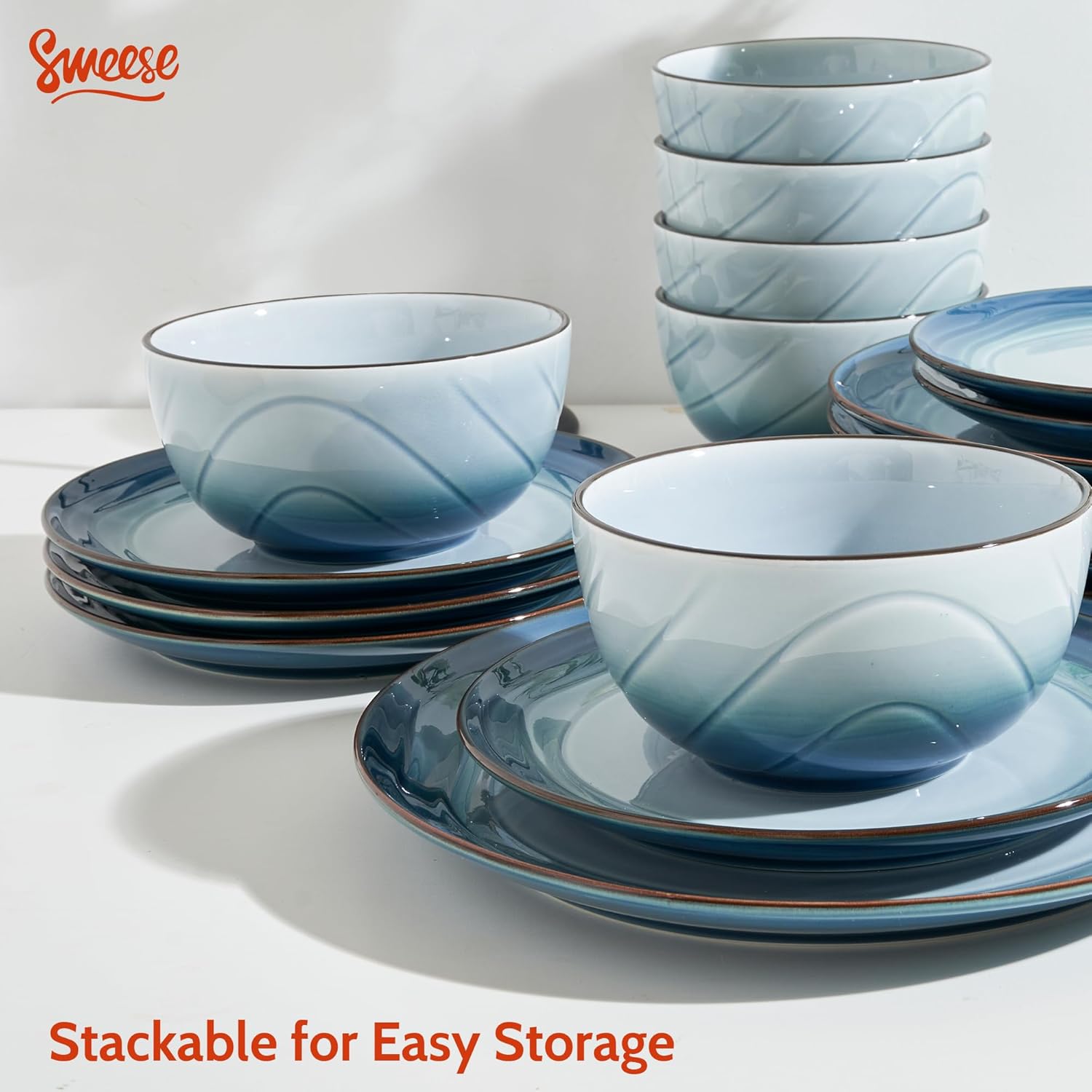 Sweese Porcelain Dinnerware Sets for 6, 18 Pieces Ceramic Plates and Bowls Sets, Handcrafted Minimalist Dinner Set, Chip and Scratch Resistant Dish Set, Dishwasher & Microwave Safe, Ocean Blue
