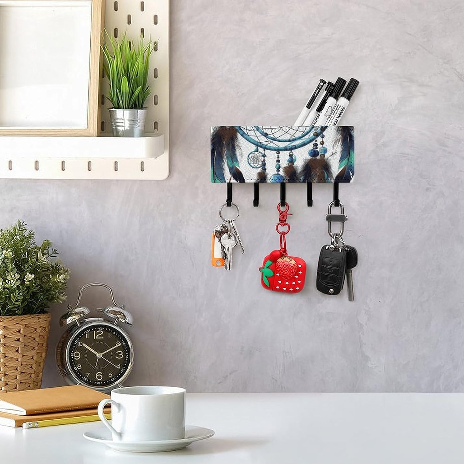 Native American Dream Catcher Key Holder for Wall Adhesive, No Drilling, Key Hooks with 5 Hooks Wall Mounted, Self Adhesive Keys Rack for Entryway, Hallway, Living Room, Kitchen, Office