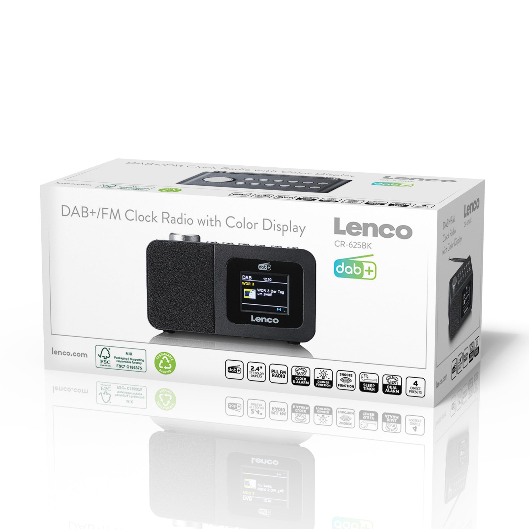 Lenco CR-625BK Radiosveglia con DAB+/FM, display a colori da 2,4", dimmerabile, doppio allarme, sleeptimer, funzione snooze, memoria 30 trasmettitori, AUX-In, nero
