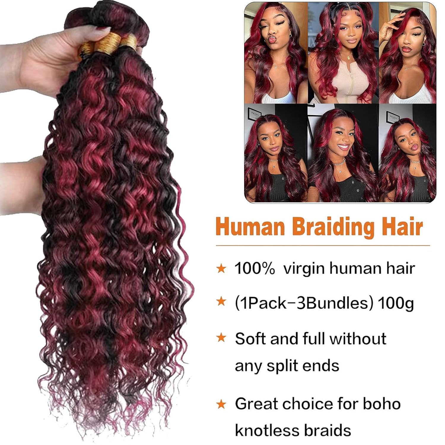 Burgundy Bundles Human Hair 10 12 14 Inch Deep Wave Human Hair Extensions 100% Unprocessed Soft Sewn Brazilian In Hair 3 Bundles P1B/99J Quick Weave Extensions for Women