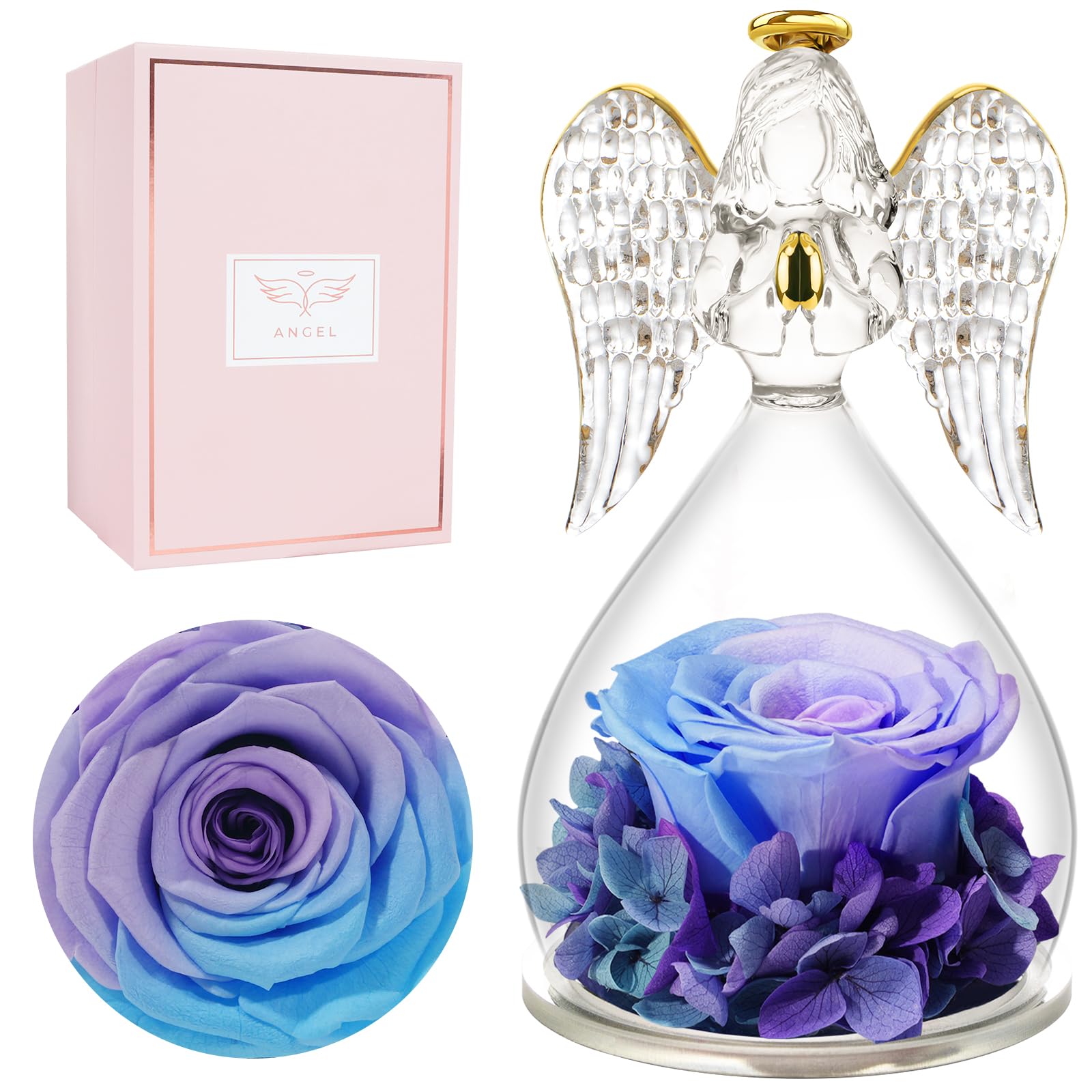 Miofula Gifts for Mom Birthday Gifts for Women, Preserved Flowers Rose in Glass Angel Figurines, Fresh Flowers for Delivery Anniversary Forever Real Roses Gifts for Mothers Grandma Her Wife Girlfriend