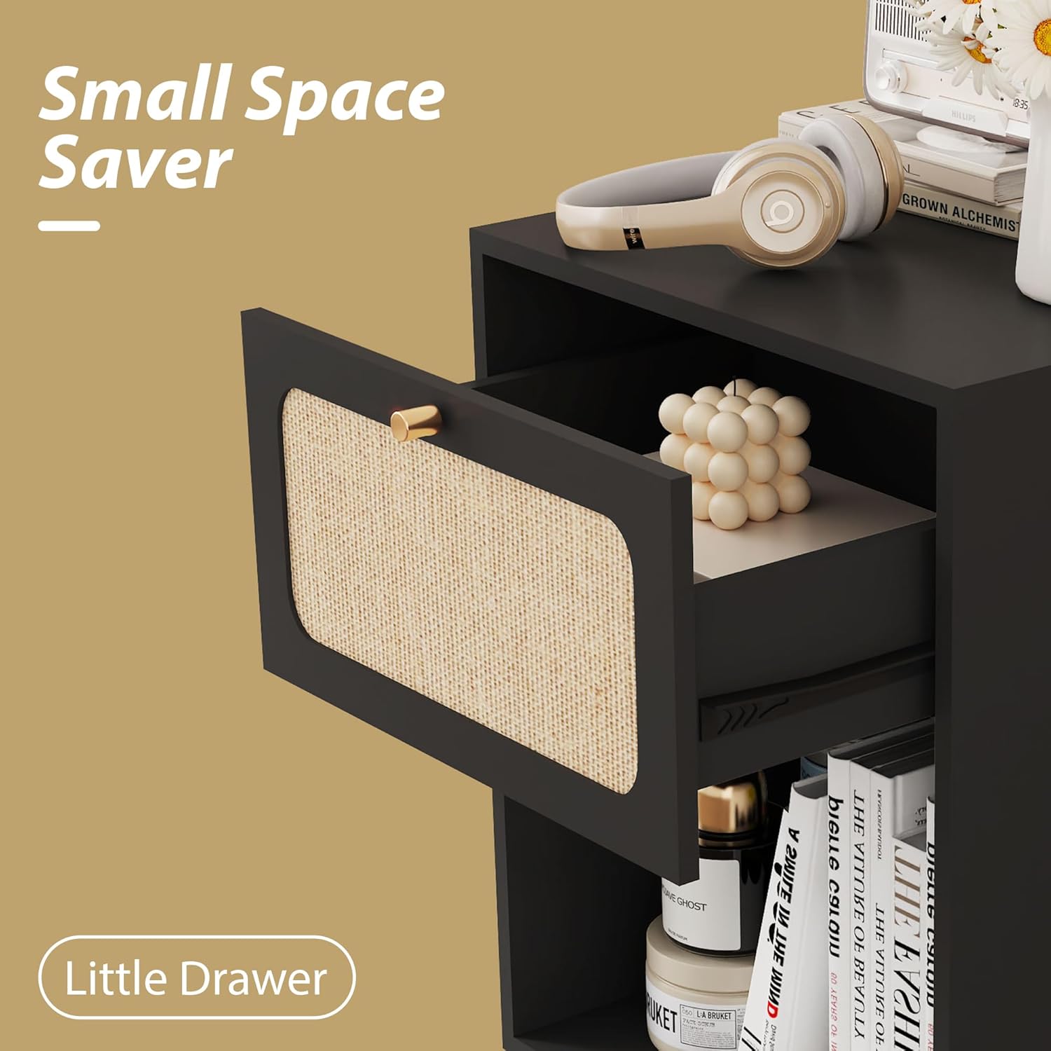 16" Nightstands Set of 2, Modern Retro Wooden Night Stands, Bed Side Table with Drawer and Open Shelf, End Table for Small Space, Linen Decor Boho Side Table for Bedroom,Dorm, Living Room (Black)