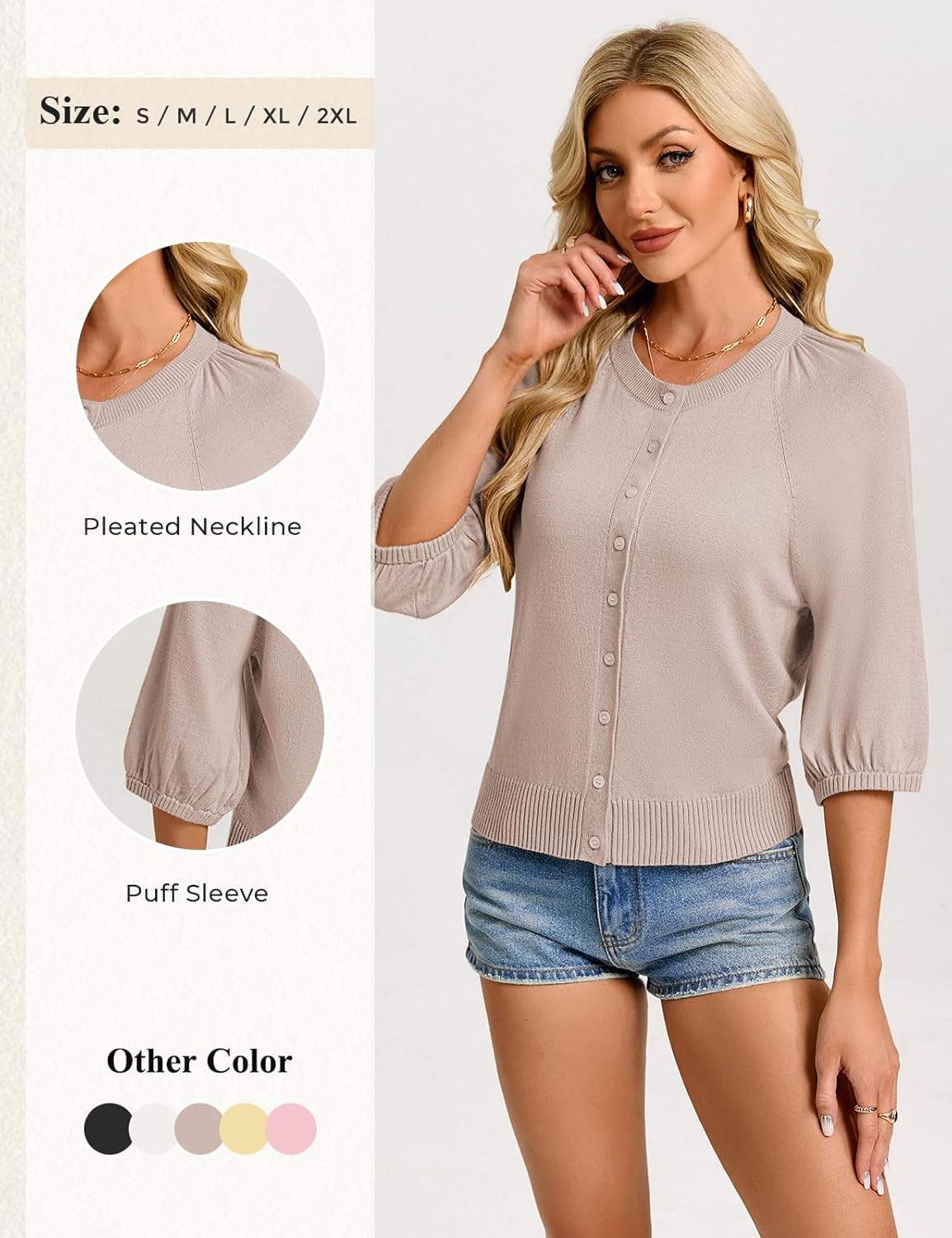 GRACE KARIN Womens Puff Short Sleeve Cardigans, Lightweight Cropped Cardigan, Button Up Knit Shirts Sweater Tops - Image 5