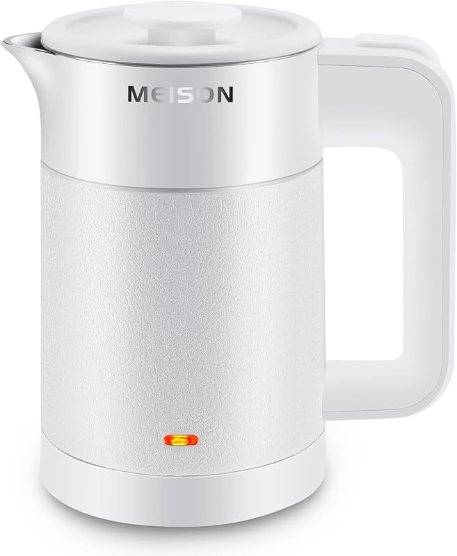 Hervidores eléctricos pequeños de 0,6 l de acero inoxidable, mini calentador de agua caliente de viaje, tetera portátil de doble pared con tacto frío, apagado automático y protección contra ebullición en seco, 120 V/800 W, 2 años de garantía (blanco)
