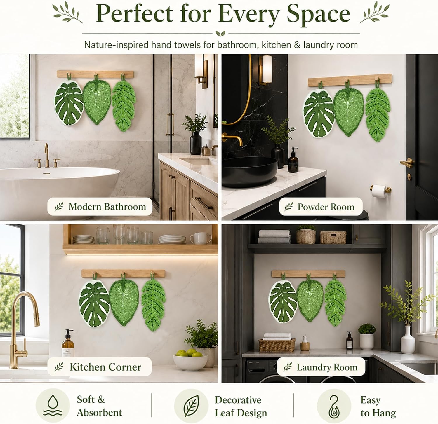 Leaf Hand Towels, 3 Pack Hanging Hand Towels with Hooks, Funny Leaf Shaped Decorative Hand Towels, Soft Absorbent Coral Fleece Towels for Bathroom Kitchen Sink
