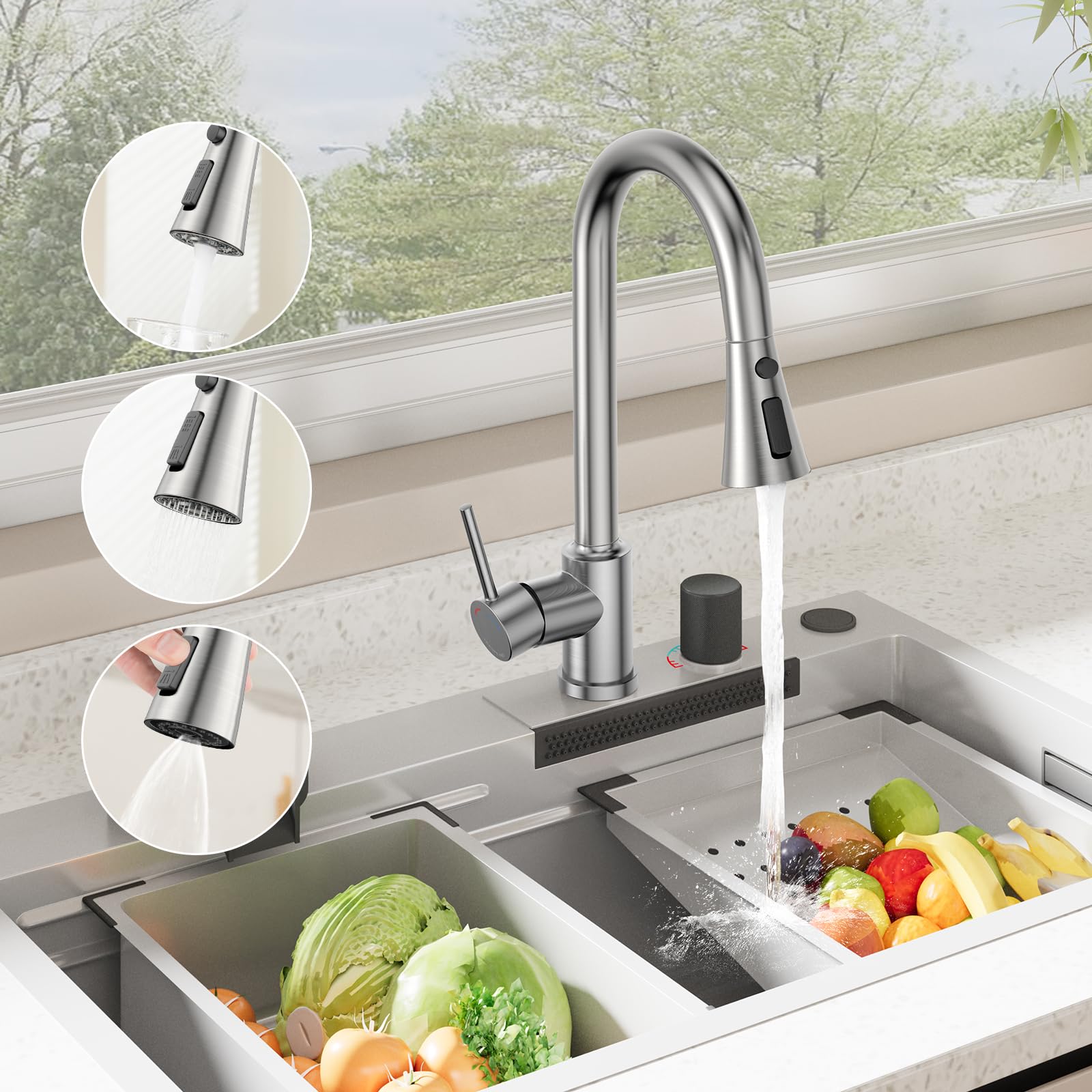 YEAUPE PRO Grifo Cocina Extraible - Grifos Cocina Fregadero con Caño giratorio de 360°,3 Modos Monomando Acero Inoxidable Torneira Cozinha,Cabezal Rociador de ABS, para Fregadero Cocina 1 Agujero