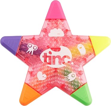Tinc Star Shaped 5 in 1 Multi Coloured Highlighter Pen for Kids | For use at School & Homework - 5 Funky Colours in One Pen - Highlight in Pink Orange Green Yellow Purple | Pink Colour Body