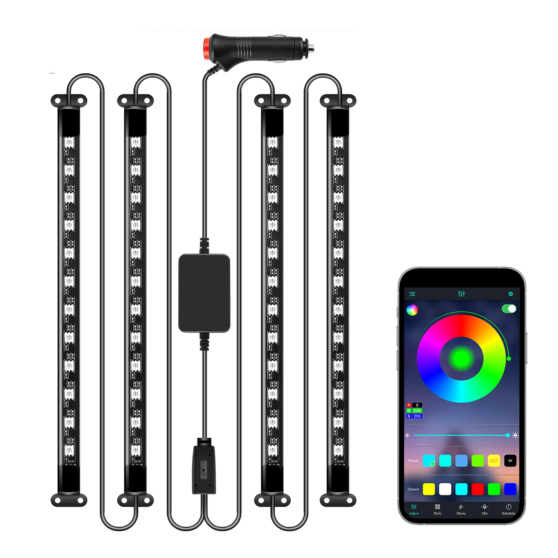 LivTee Accent Interior Car Lights, Smart Car Interior Lights with App Control, RGB LED Lights with Music Mode and DIY Mode, 2 Lines Design LED Lights for Cars with 12V Cigarette Lighter Adapter