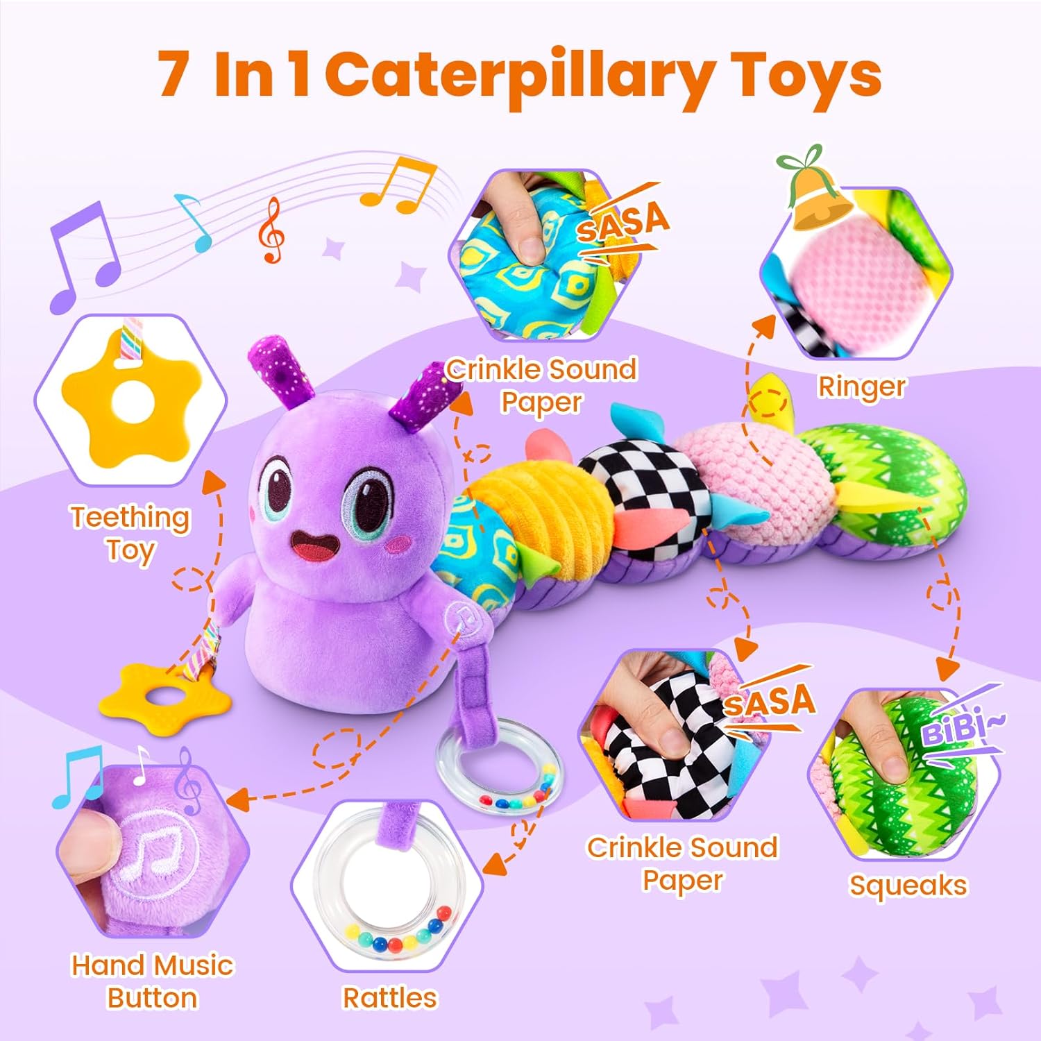 Baby Toys 0-6 Months, Washable Baby Musical Caterpillar Toys with 10 Kid's Songs,Rattles,BabyTeething Toys,Suitable for 0-6, 6-12 Months Infant Tummy Time Toy,Newborn Baby Boy&Gril Scensory Toy